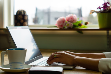 Woman  Hands Working On Laptop att home.work from home concept.