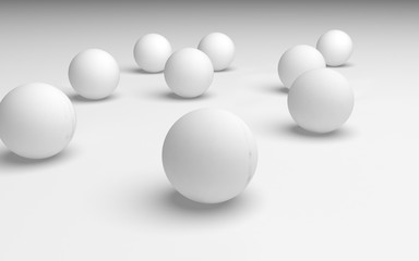 White abstract background. Set of white balls isolated on white backdrop. 3D illustration