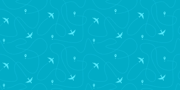 Seamless horizontal border with plane paths, start points and dashed routes. Blue travel background. Vector illustration.