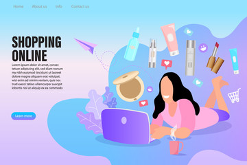 Online shopping concept. Young woman using laptop for browsing internet store at home. Concept for cosmetic store.