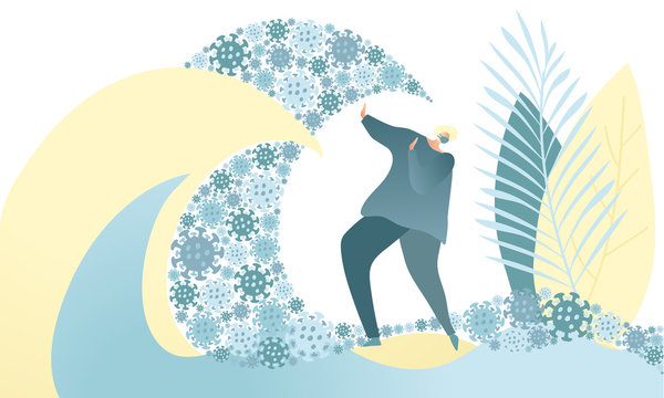 Man in mask protecting himself from coronavirus wave. Covid-19 danger of another wave in today's world. Stay safe, be smart. Vector flat concept
