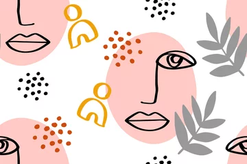 Gordijnen Naadloos abstract patroon met gezicht. Moderne lijn kunst vector achtergrond © OliaGraphics