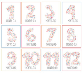 First year baby sticker set with star numbers. Cute baby shower elements design. Milestone cards. Flat design. 
