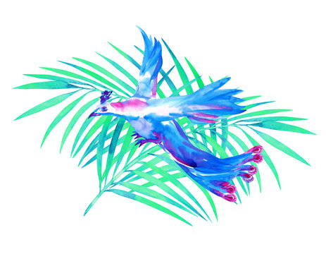 watercolor peacock on a background of palm leaves isolated on white. blue bird of fortune, a fairy tale character, for printing on textiles, clothes, t-shirts and other decor.