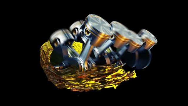 3d footage with car engine working. Concept of motor with oil splash
