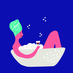 Naklejka premium A girl with a towel on her head lies in the bath and drinks wine. It is a home spa for a woman. A woman relax with glass of wine in a bathtub.