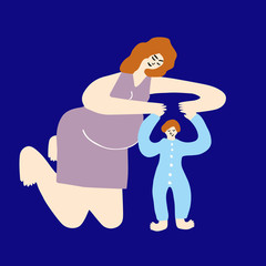 Pregnant mother hugs her son and holds hands. Baby boy waiting his brother.