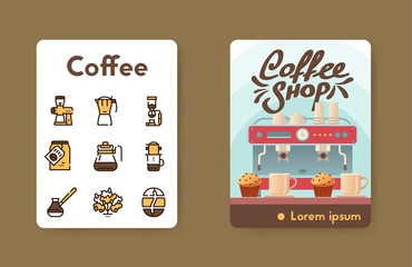 Vector banner coffee shop and linear icons set