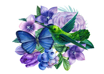 watercolor drawings, leaves, blue and purple flowers, blueberries,  bells, ranunculus, buttercups, crocuses, tropical leaf, hummingbirds on an isolated white background © Hanna