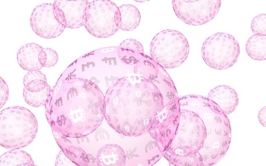 Bitcoin economic financial bubble. crypto currency 3D illustration. Business concept. Pink bubbles on white background. Bit, Coin, mining concept