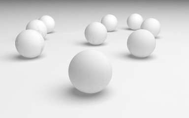 White abstract background. Set of white balls isolated on white backdrop. 3D illustration