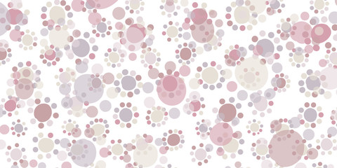 Fototapeta na wymiar Small circles around large circles - cute doodle background. Uneven, crooked circles like a flowers or childish pattern. Calm muted colors - pink, gray, yellow. For clothes, textile, gift wrap.