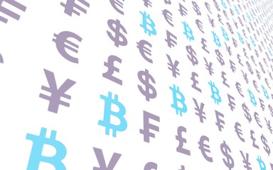 Bitcoin and currency on a white background. Digital crypto currency symbol. Business concept. Market Display. 3D illustration