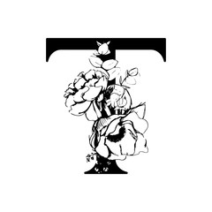 Vector flower alphabet. Floral design of letter T. Decoration of wedding invitations, cards, business cards of florists. Large delicate flowers in a line style