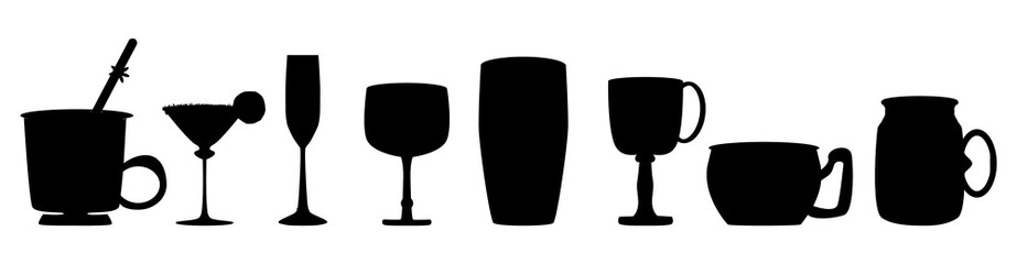 Set of black silhouettes alcohol glasses and cups for different drinks isolated on white background. For cocktail bar, restaurant banner, party poster, sale advertising, infographic. Stock vector