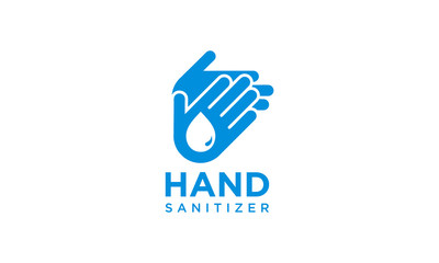 Hand sanitizer label with water drop, shield and hand design vector editable. Protection campaign or measure from coronavirus or COVID 19 protection logo. - obrazy, fototapety, plakaty