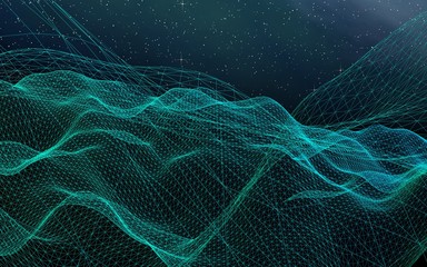 Abstract landscape on a dark background. Cyberspace grid. hi tech network. Outer space. Starry outer space texture. 3D illustration