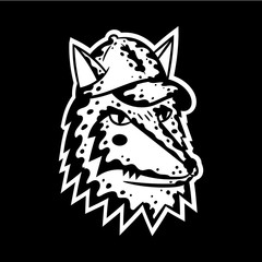 Fox face. Cartoon white fox face with cap on black background isolated. Stock Vector Illustration. Cartoon style.