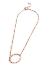 Subject shot of a golden chain with a pendant in the shape of a letter O. The fashion necklace is isolated on the white background.