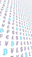 Bitcoin and currency on a white background. Digital crypto currency symbol. Business concept. Market Display. 3D illustration