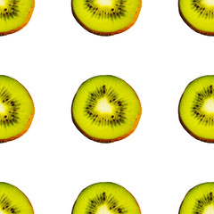 Fototapeta premium Seamless endless pattern of juicy green slices of kiwi fruit isolated on white background. Design for wrapping paper, fabric and wallpaper.