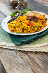 Prawn with rice - closeup of prawn with rice - traditionnal spanish food paella