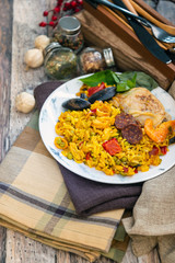 Prawn with rice - closeup of prawn with rice - traditionnal spanish food paella