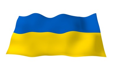 The flag of Ukraine on a white background. National flag and state ensign. Blue and yellow bicolour. 3D illustration waving flag