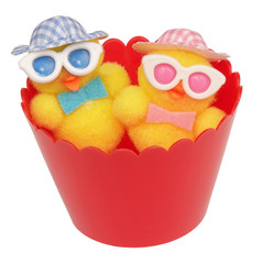Fototapeta premium Two chicks with crazy glasses and hats toys in red flowerpot funny scene poster