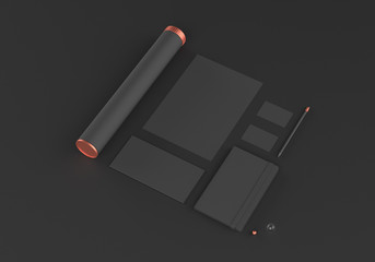 Base black stationery mockup template for branding identity on dark background for graphic designers presentations and portfolios. 3D rendering.