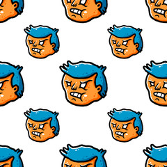 Boy face seamless pattern. Cartoon boy faces seamless pattern with blue hair on a white background isolated. Stock Vector Illustration.