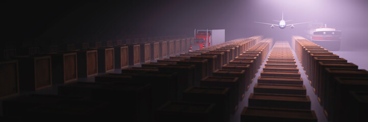 wooden boxes in a warehouse and vehicles dedicated to transport