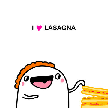 I love lasagna hand drawn vector illustration in cartoon doodle style man touching dish