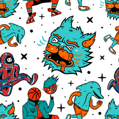 Animals seamless pattern. Cartoon abstract animals, blue dolphin, abstract astronaut, blue cat, and abstract basketball player seamless pattern on white background isolated. Stock Vector Illustration.