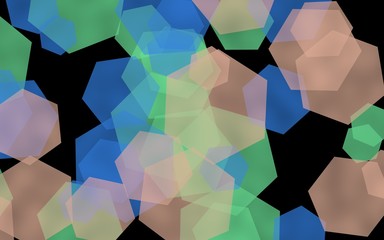 Multicolored translucent hexagons on dark background. Green tones. 3D illustration