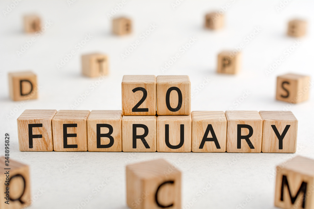 Poster february 20 - from wooden blocks with letters, important date concept, white background random lette