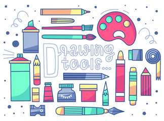 A vector set of drawing tools. 20 items + lettering. Flat style