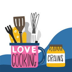 Vector illustration in Doodle style: kitchen tools and lettering - 348896097