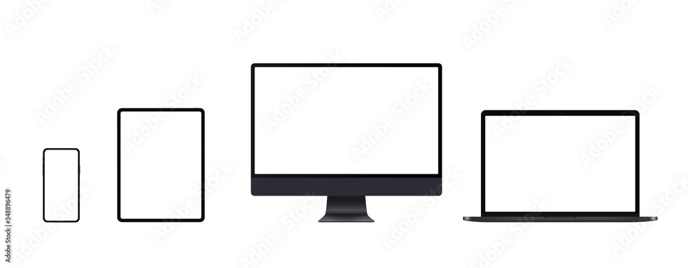 Poster realistic computer mockup set with desktop, laptop, tablet and smartphone. black electronic device s