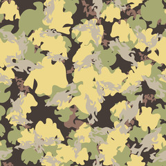 Forest camouflage of various shades of yellow, brown and grey colors
