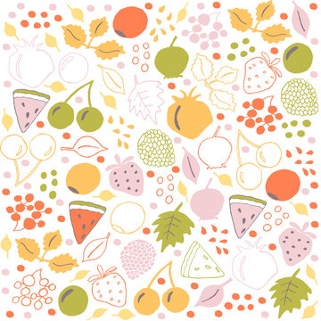 Hand drawn summer berries and leafs illustration in vector © Julija