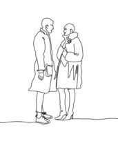 One continuous line drawing,  men and women standing and talking