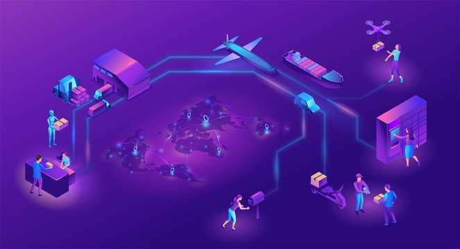 Delivery service illustration with a process of delivering parcel, warehouse with trucks and boxes, shipment by car, maritime transport, people receive goods by courier, by drone, in packstation