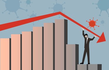 Vector illustration of man trying to prevent economic crisis after quarantine