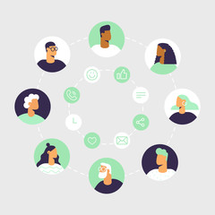 Fototapeta premium People and internet networks. Online chat and video call between friends and family. Avatars in a circle. Social line icons: call, emoji, message, share, like. Vector illustration in flat design