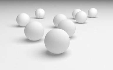 White abstract background. Set of white balls isolated on white backdrop. 3D illustration