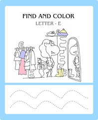 Find and color Letter E. Funny cartoon unicorn. Animals alphabet a Coloring page. Printable worksheet. Unicorns dresses near a mirror.	