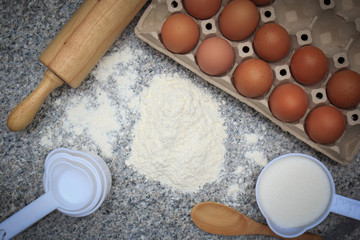 Homemade bread baking menu, eggs, flour, sugar