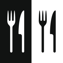 Fork and knife icon logo. Simple flat shape restaurant or cafe place sign. Kitchen and diner menu symbol. Vector illustration image. isolated on white background.
