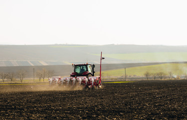 Fototapeta premium Farmer with tractor seeding sowing crops at agricultural fields in spring at sunset 